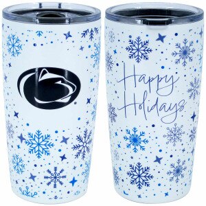 front & back view of white tumbler with snowflakes, Penn State Athletic Logo, and Happy Holidays